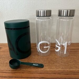 AG1 Athletic Greens Stainless Storage Container and Scoop and Clear Bottle Set